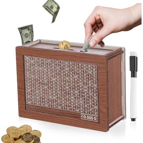 10000 مربع تحدي التوفير ، صندوق التوفير الخشبي النقدي ، صندوق Kakeibo Money ، Bank Bank Coin Bank مع الهدف ، أفضل هدية للفتيان والبنات والأصدقاء (بني فاتح)