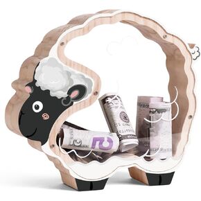 Wooden Cow Piggy Banks for Kids, Unbreakable Cattle Coin Bank for Kids with Letter Sticker, Wooden Cashbox Money Jar Personalizable Birthday Gift, Educatinal Toy for Boys, Girls