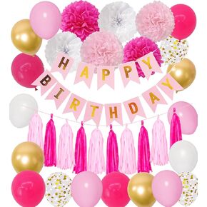 Amandir 155pcs Hot Pink Birthday Party Decorations, Pink Gold White Confetti Latex Metallic Balloons with Happy Birthday Banner Paper Pom Poms Tassels Party Supplies for Mom Women Girls