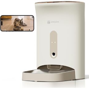 تلقائي Cat Feeder Amicura F1 Pro مع Camera AI و 2K فيديو مع رؤية ليلية ، 5G/2.4G WIFI ، الفيديو في الوقت الحقيقي والمكالمة الصوتية. مستشعر منخفض الغذاء والانسداد والحركة ، سعة 4.5 لتر للقطط/الكلاب ، التطبيق