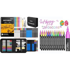 كاليارت 176pcs لوازم الفنون مجموعة الرسم على مدار 24 لونا الرسم مزدوج الخطوط العريضة علامات مخطط مخطط ، أقلام الرصاص مجموعة هدية يوم الأمهات لفنانين أمي البالغين المراهقين الأطفال