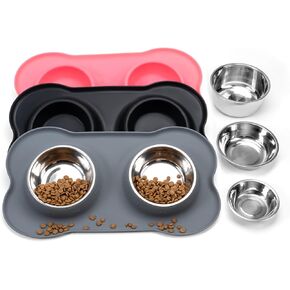 Cat Dog Bowls with Silicone Feeding Mat, No Spill Food Water Dish Set, Dishwasher Safe, 2 Stainless Steel Puppy Bowls, Suitable for Tiny Dogs Kittens Rabbits Pets Under 8lbs, Extra Small, Pink