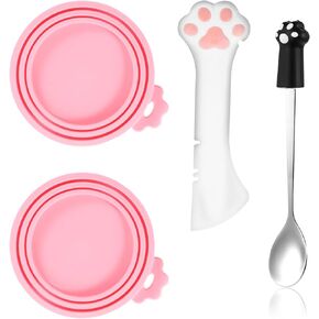 4 PCS PINK PET FOOD CAN LIDS & APONONS مجموعة للحيوانات الأليفة كلاب القطط تغذية CAN-2 TPE PET CANCHEDS CANCHERS ، ملعقة واحدة متعددة الوظائف للقطط الفتاة ، 2 PAW شكل ملعقة من الفولاذ المقاوم للصدأ المبلل.
