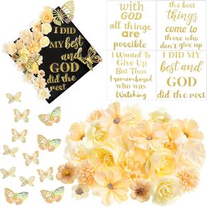 Feifeiya 36 Pcs DIY Graduation Cap Decorations Accessory Kit Include Faux Flower Heads Inspirational Graduation Quotes Glitter Stickers 3D Butterfly for Grad Cap Topper DIY Gift(Red)