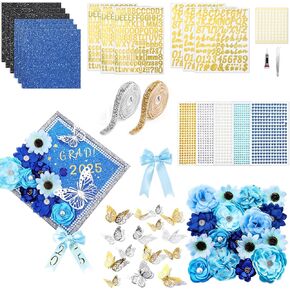 Wavwavw 63 PCS DIY تخرج التخرج مجموعة الأوسمة تشمل زهور فو 3D الفراشة القوس ذاتي لاصق الراين وملصقات رسائل الأبجدية لعام 2025 غلاف غراد توبيبر تخرج التخرج (الأخضر)
