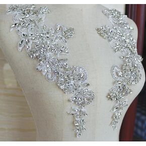 Exquisite Silver Rhinestone Applique Sparkling Beaded Appliques Pair Crystal Beaded Motif for Wedding Bridal Sash Shoulder Bodice Wedding Accessories