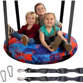 AIR Swing Giant 42" Inflatable Heavy Duty Saucer Swing Indoor Outdoor Playground, Jungle Gym, or Tree Ages 3+ UV-Protected Cover Durable Tube-Frame Adjustable Hanging Straps Carabiners - Blue/Red