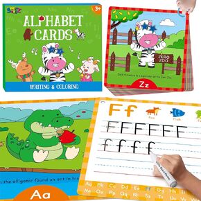 26 PCS بطاقات الرسم بخط اليد ، وكتابة الأبجدية ومسح البطاقات التعليمية تتبع البطاقات التعليمية على الوجهين جافًا بطاقات تلوين قابلة لإعادة الاستخدام.