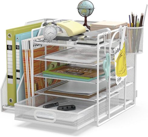 HUHOLE Mesh Desk Organizer with File Holder, 5-Tier Paper Letter Tray Organizer with File Clip, USB Clip, Wire Desk Accessories & Workspace Organizers for Office Supplies or School Supplies in Saudi Arabia