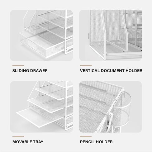 HUHOLE Mesh Desk Organizer with File Holder, 5-Tier Paper Letter Tray Organizer with File Clip, USB Clip, Wire Desk Accessories & Workspace Organizers for Office Supplies or School Supplies in Saudi Arabia