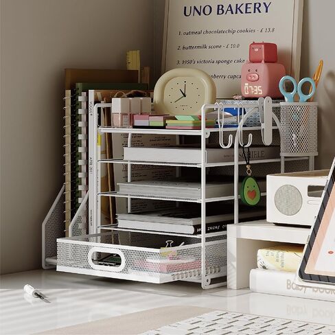 HUHOLE Mesh Desk Organizer with File Holder, 5-Tier Paper Letter Tray Organizer with File Clip, USB Clip, Wire Desk Accessories & Workspace Organizers for Office Supplies or School Supplies in Saudi Arabia