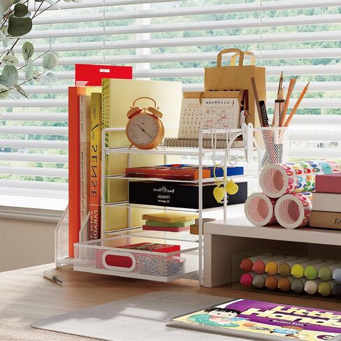 HUHOLE Mesh Desk Organizer with File Holder, 5-Tier Paper Letter Tray Organizer with File Clip, USB Clip, Wire Desk Accessories & Workspace Organizers for Office Supplies or School Supplies in Saudi Arabia