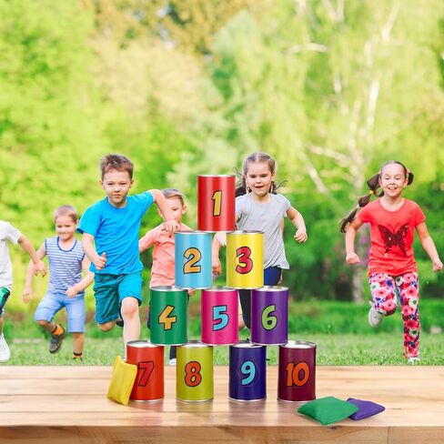 ShinyRelief 20 Pcs of Bean Bag Toss Game Carnival Knockdown Can Throwing Game Sets Including 10 Tin Cans and 10 Bean Bags Suitable for Kids Outdoor Lawn Yard Activities in Kuwait