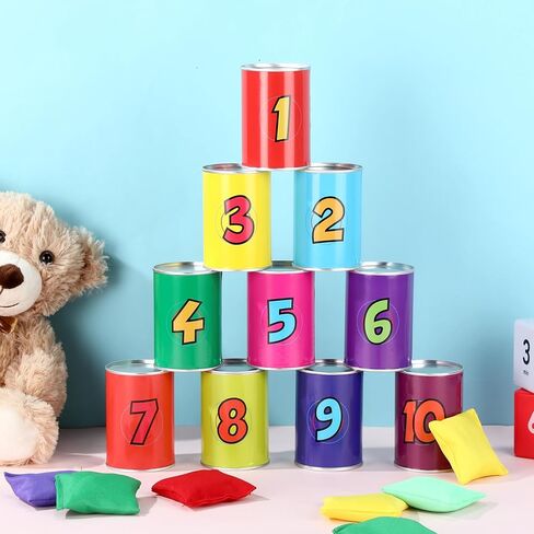 ShinyRelief 20 Pcs of Bean Bag Toss Game Carnival Knockdown Can Throwing Game Sets Including 10 Tin Cans and 10 Bean Bags Suitable for Kids Outdoor Lawn Yard Activities in Kuwait