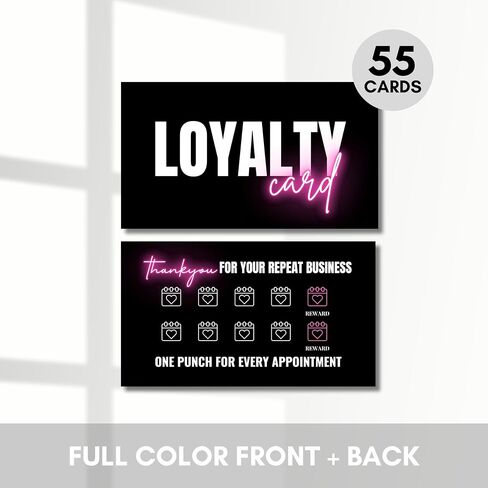 Beauty Business Loyalty Card, 10-Punch Reward System, Business Card size, 55 cards, full color high gloss front and back, UV coated, Modern design, create your own reward (Black and Hot pink) in Saudi Arabia