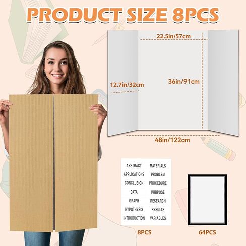 8 Pack 36"x48" Large Trifold Poster Display Board with Headers,White Foldable Presentation Paper Board with 8 Science Subtitles and 64 Self-Adhesive for School Science Business Project Display in Saudi Arabia