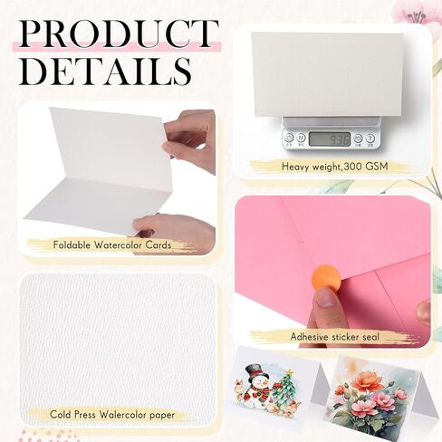 MotiMind 50 Sets Watercolor Cards with Envelopes, 140 Lb/300 GSM Paper Pure Cotton, 5 x 7 Inch Foldable Blank Watercolor Postcards for DIY Mother's Day Thank Notes Greeting Cards Invitations Birthday in Saudi Arabia