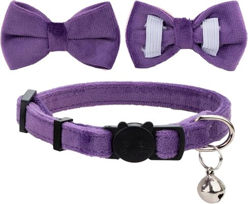 Cat Collar Soft Velvet with Bow Tie Bell Breakaway Safety Boy Girl Kitten Basic Pure Colors Male Female [1pc] Purple in Saudi Arabia