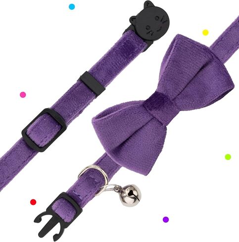 Cat Collar Soft Velvet with Bow Tie Bell Breakaway Safety Boy Girl Kitten Basic Pure Colors Male Female [1pc] Purple in Saudi Arabia