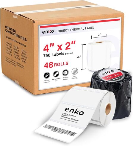 enKo 4" x 2" Labels for Zebra Desktop Printers (3 Rolls | 2,250 Labels) Direct Thermal Address Mailing Shipping Barcode FBA Stickers FNSKU Labels for Zebra and Eltron (Perforated) in Saudi Arabia