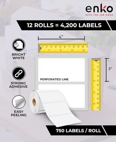 enKo 4" x 2" Labels for Zebra Desktop Printers (3 Rolls | 2,250 Labels) Direct Thermal Address Mailing Shipping Barcode FBA Stickers FNSKU Labels for Zebra and Eltron (Perforated) in Saudi Arabia