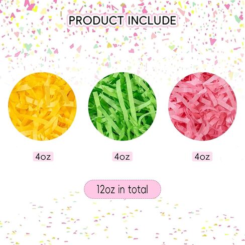 CIPOWM 340g/12oz Easter Grass Shredded Paper Filler Pink Green Yellow Paper Shred Crinkle Raffia Paper Filler for Easter Gift Wrapping Boxes Bags Basket Filling Party Supply(3 Colors) in Kuwait