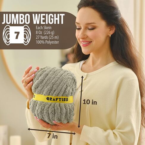 Desert Sage Chunky Chenille Yarn for Crocheting - 8 Big Skeins, Jumbo 7 Weight (27 yds, 8 oz Each), Thick Bulky Crochet Knit Blanket Chunky Yarn for Hand Knitting with Giant Hook and Needles in Kuwait