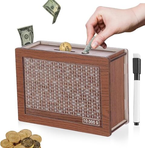 10000 Savings Challenge Box,Cash Vault Wooden Savings Box,kakeibo Money Box,Wooden Piggy Bank Coin Bank with Counting Target,The Best Gift for Boys, Girls, and Friends (Brown) in Saudi Arabia