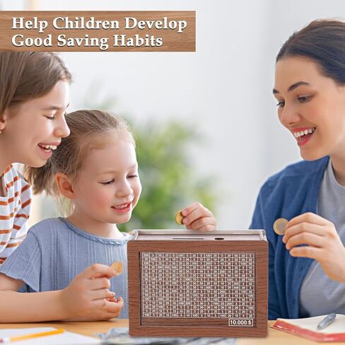 10000 Savings Challenge Box,Cash Vault Wooden Savings Box,kakeibo Money Box,Wooden Piggy Bank Coin Bank with Counting Target,The Best Gift for Boys, Girls, and Friends (Brown) in Saudi Arabia