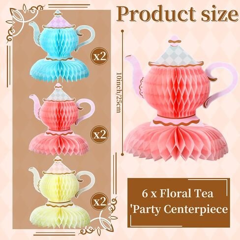 Wettarn 6 Pcs Floral Tea Party Decorations Princess Party Tea Honeycomb Tea Party Centerpieces for Tables Spring Summer Birthday Decors 3D Vintage Teapot Vase Decors for Wedding Girls Women (Floral) in Saudi Arabia