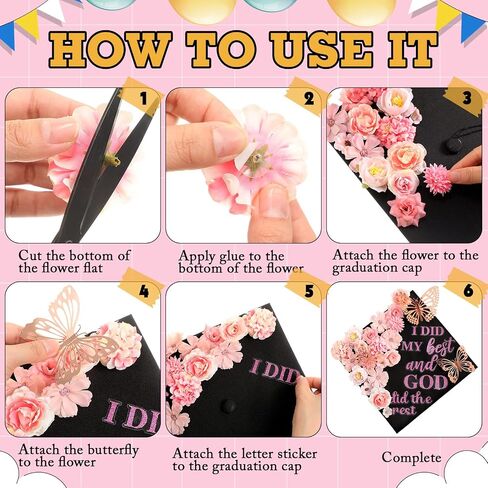 Feifeiya 36 PCS DIY Cap Cap Decorations Kit Complication Chofs Faux Flower Heads Inspirational Tregues Quotes Plitt in Kuwait