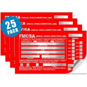 Annual Vehicle Inspection Label 25 Pack 1.6 mil Aluminum Label with Permanent Self Adhesive 6" x 3.5" Meet DOT AVIR Requirements Red