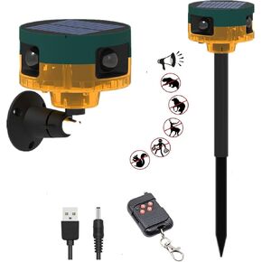 HULPPRE Solar Outdoor Motion Sensor Alarm-Dog Barking&Gunshot Sound,130db Loud Noise Maker,Support Recording,13 Kinds of Sound Strobe Light with USB,Say Goodbye to The Intruders