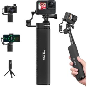 TELESIN Power Grip 35.4" Extension Selfie Stick Handler Compatible for Go Pro 12 Insta360 DJI Action Canon Sony iPhone Android Water-Proof Large Capacity Battery Charger