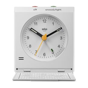 Braun Classic Analogue Travel Alarm Clock with Snooze and Light with Folding Map Lid, Black, BC05B