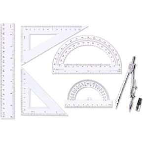 oxe Student Math Geometry Set,Drawing Compass 4 Inch and 6 Inch Clear Math Protractor Triangle Ruler 30/60 45/90 Degree and 8 Inch Ruler,Set of 6 Pcs