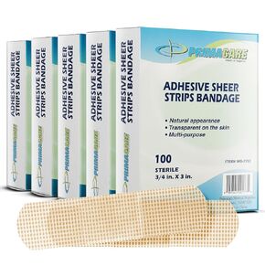 Primacare Self Adhesive Sheer Strips Bandages for Wounds Dressing, 3/4 x 3 Inches 100 Count (Pack of 5) First Aid Bandage with Absorbent Non Stick Pads, Breathable, Skin Color PE Material 500 Strips