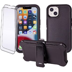 iPhone 15 Pro Max Holster Case (6.1") w 2 x Tempered Glass & Camera Screen Protectors, Military Grade Full Body Protection Shockproof/Dustproof/Drop Proof Rugged Defender Cover (Black)