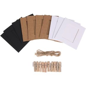 AKOAK 30 Pcs DIY Kraft Paper Cardboard Photo Frame with Wooden Clips and String,White/Black/Brown Three Colors and Each Color 10 Pcs,Great for Home Decor (3.5" x 5")