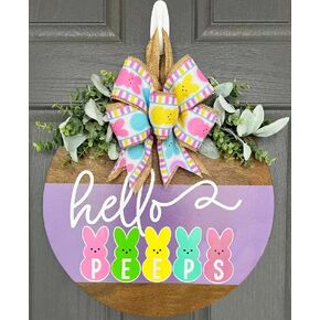 Easter Door Decorations Bunny Decor, Easter Bunny Welcome Wreath Sign for Front Door, Wooden Door Hangers Wreath with Bow for Easter Decorations for the Home Party Supplies (Hello Peeps)