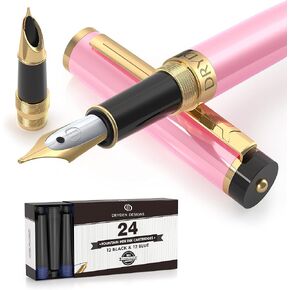 Dryden Designs Fountain Pen - Medium and Fine Nibs | Includes 24 Ink Cartridges and Ink Refill Converter | Consistent Writing, Smooth Look, Left and Right Handed - Decadent Purple.
