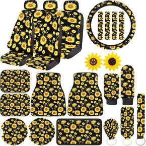 26 Pieces Sunflower Car Accessories,Sunflower Car Seat Covers Full Set Floor Car Mat Steering Wheel Cover Seat Belt Shoulder Pads Center Armrest Pad Gear Cover Handbrake Cover Car Interior Decor