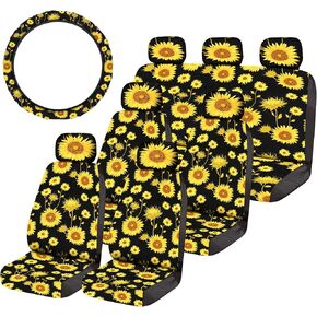 14 Pieces Sunflower Car Accessories Set for 7 Seaters Cars with Sunflower Seat Covers Steering Wheel Cover Front Seat Covers Rear Bench Seat Covers Headrest Covers Auto Decor for Most Car Truck Van