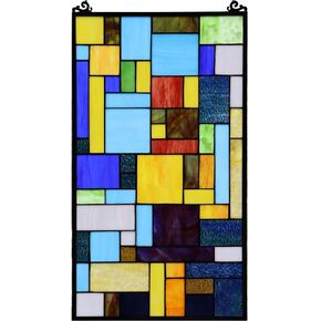 Bieye Geometric Color Block Tiffany Style Stained Glass Window Panel with Hanging Chain (18x25 inches W10092)