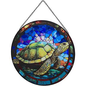 Hanging Stained Glass for Windows,20cm/7.87 inch Turtle Hand-Painted Glass Panel Window Hanging Suncatchers Christmas Ornaments Home Courtyard Decor,Housewarming Gift (Style A)