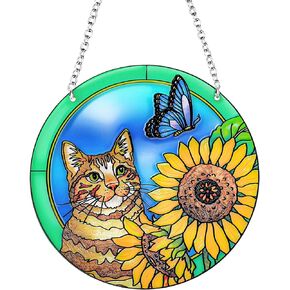 Cat Stained Glass Window Hangings, Cat Butterfly Sunflower Handcrafted Stained Glass Suncatchers, Gift for Cat Lovers Nature Lovers (6.3"x6.3")