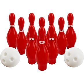 4E's Novelty Bowling Game Set - 10 Red Pins, 2 Balls, Indoor/Outdoor Backyard Carnival Game, Classroom Birthday Party Games Activity for Kids Adults