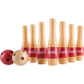 Coca Cola Bowling Set – Indoor and Outdoor Bowling Game for Adults and Kids – 10 Wooden Pins, 2 Balls, and Mesh Carrying Bag by Hey Play (Red)