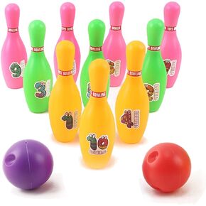 12 Pieces Deluxe Toy Bowling Play Set Includes 10 Pins and 2 Balls Carrying Case Colorful Educational Early Development Indoor Sport Alley Game for Toddlers Boy Or Girl Children