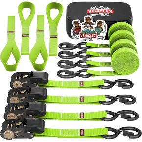Vehiclex 4 Ratchet Straps Set (1" x 15', 2200lbs Breaking Strength) - Soft Loops, Coated S-Hooks, Comfortable Handle, Storage Bag - Tie-Down Straps for ATV, Motorcycle, Bicycle, Kayak, Cargo Securing